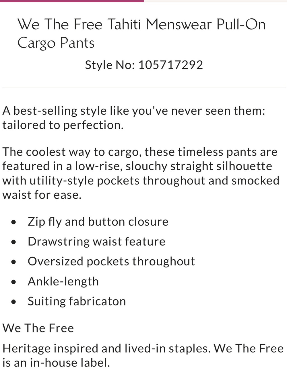 Free People/ We the Free Tahiti Menswear Pull on Cargo Pants NWT - Picture 7 of 9